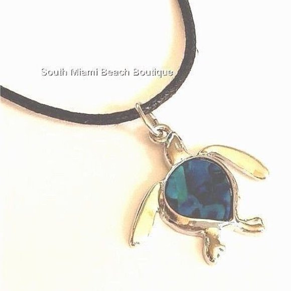 Silver Abalone Sea Turtle Surfer Necklace 22" Blue Shell Mens Womens Island - Picture 8 of 10